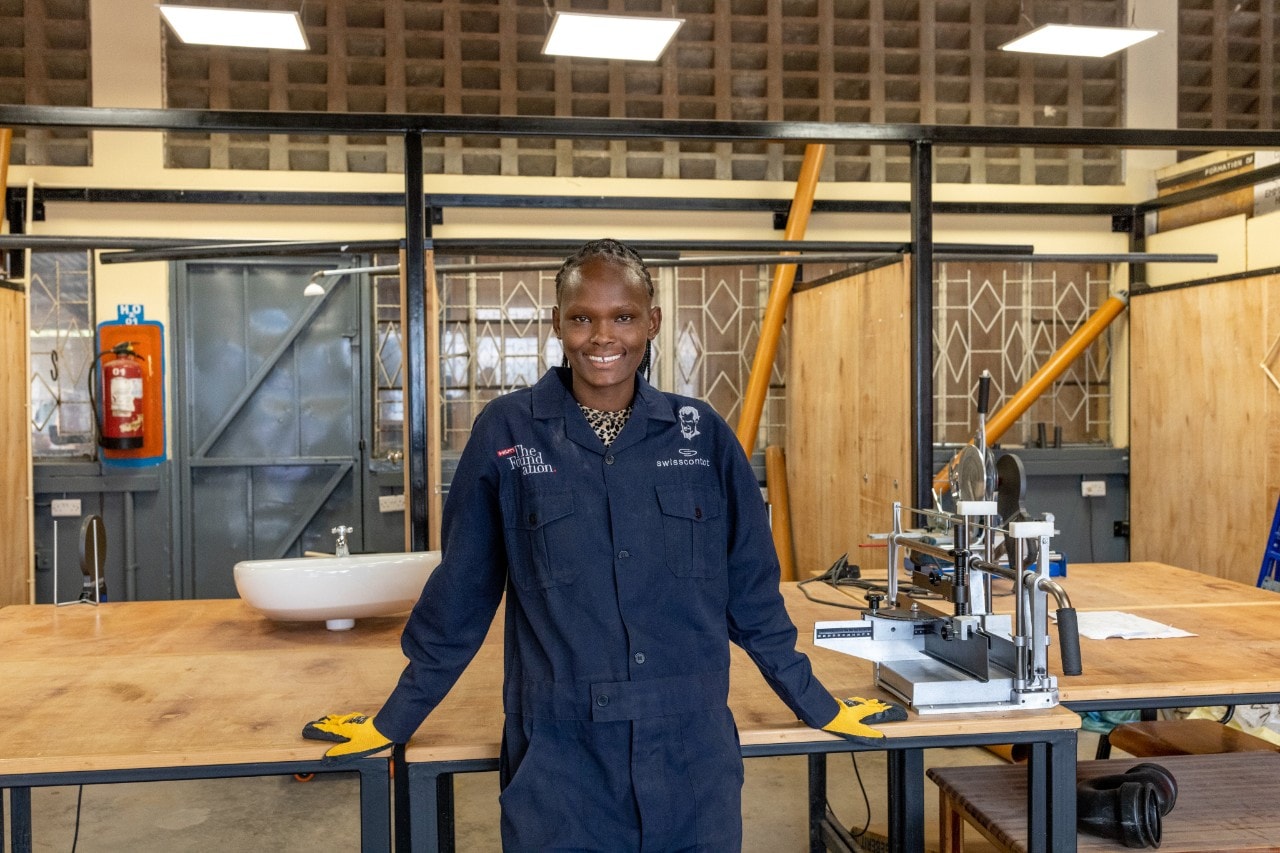 Ruth Wairimu, 22, poses for a portrait at Don Bosco Boys Town Technical Institue in Nairobi, Kenya, on July 3, 2023. Ruth has been training as a plumber since November 2022 when she joined the program. “ I chose plumbing because I feel it s a male-dominated field and people think that because you’re a female you cannot do it.”