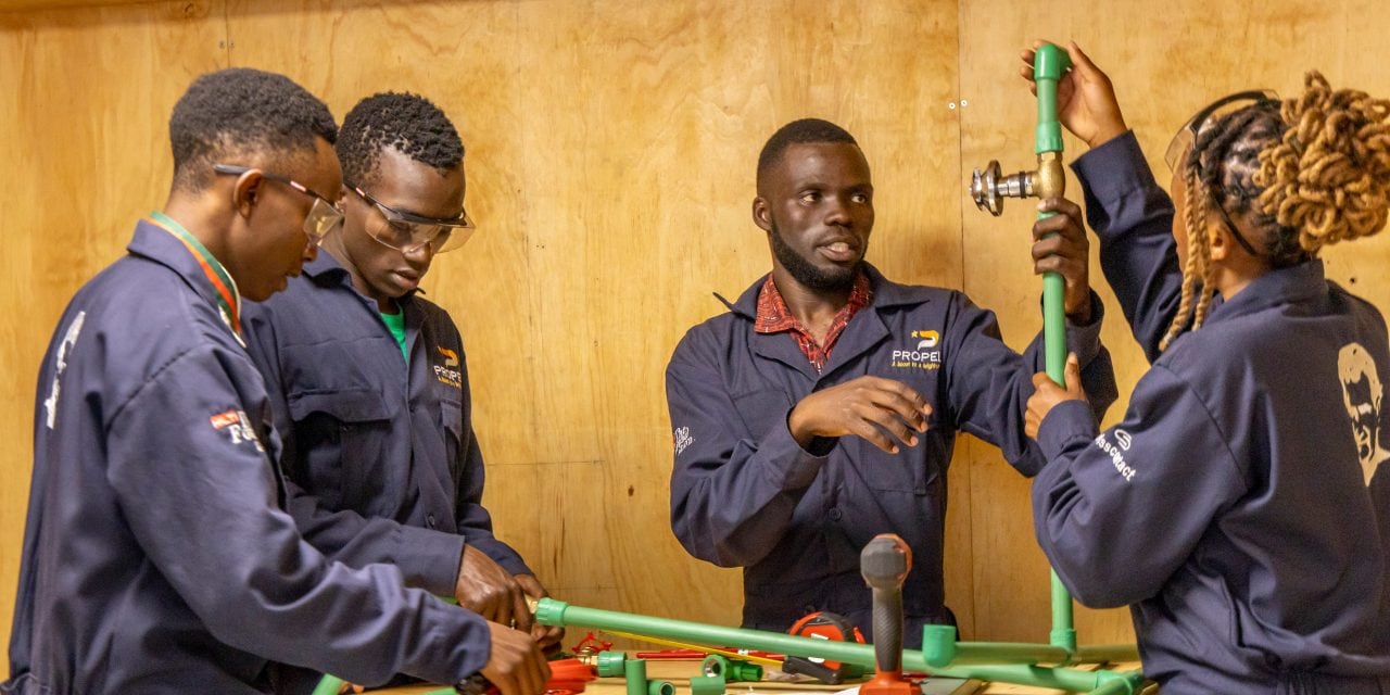 Plumbing apprentices at Don Bosco Boys Town, Nairobi Kenya, who are taking part in the dual apprenticeship PropelA program funded by Hilti Foundation, implemented by Swisscontact,  May 13, 2024. 

PropelA program is a lighthouse project is about economic empowerment, aimed at providing rural population and the younger generation in the cities of East African countries with the opportunity to earn their living by giving them training of the skills they need to improve their economic prospects and sustain their livelihoods, to escape poverty and become part of an emerging middle class. 

PropelA dual apprentice program is funded by Hilti Foundation and implemented by partner Swisscontact. It has been successfully implemented with strong commitment from both the government and the private sector where 40 leading Kenyan plumbing and electrical companies have agreed to employ a first cohort of 250 trainees, who will graduate with a national diploma after two years of training through Don Bosco, Kenya. 

Photography Georgina Goodwin www.georginagoodwin.com