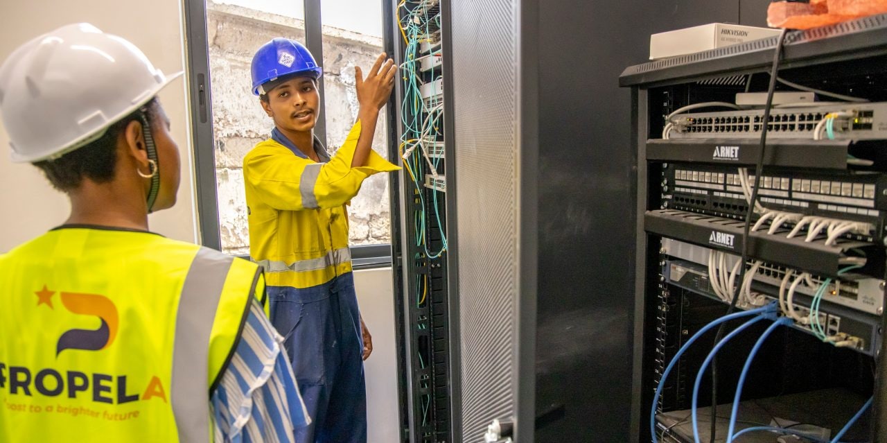 Aston Mwendwa, 20, is in his second year of the PropelA dual apprentice program, currently he is in placement at Mehta Electricals, one of the 40 leading Kenyan plumbing and electrical companies which have agreed to employ a first cohort of 250 trainees, May 14, 2024. 

Aston qualified for university but was not able to attend due to financial constraints. He has strong interest in the electrical and software fields, and wants to expand his knowledge and gain industry skills. 

PropelA program is a lighthouse project implemented by Swisscontact, funded by Hilti Foundation, and trained at Don Bosco Boys' Town in Nairobi, and is about economic empowerment aimed at providing rural population and the younger generation in the cities of East African countries with the opportunity to earn their living by giving them training of the skills they need to improve their economic prospects and sustain their livelihoods, to escape poverty and become part of an emerging middle class. 

Aston is part of the first cohort of 100 that was admitted in 2022 (78 male and 22 female apprentices). The application is open to young men and women who are passionate about plumbing and electrical trades. They must have completed secondary school and are aged 18-30.
Photography Georgina Goodwin www.georginagoodwin.com for Hilti Foundation 

